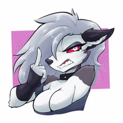 Size: 2850x2850 | Tagged: safe, artist:ambris, loona (vivzmind), canine, fictional species, hellhound, mammal, anthro, hazbin hotel, helluva boss, 1:1, 2022, absolute cleavage, angry, big breasts, border, breasts, cleavage, clothes, colored sclera, ears, female, gray hair, hair, high res, long hair, looking at you, middle finger, red sclera, solo, solo female, vulgar, white body, white border, white hair