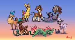 Size: 4096x2175 | Tagged: safe, artist:alumx, arizona cow (tfh), oleander (tfh), paprika paca (tfh), pom lamb (tfh), tianhuo (tfh), velvet reindeer (tfh), alpaca, bovid, canine, caprine, cattle, cervid, cow, deer, demon, dog, dragon, eastern dragon, equine, fictional species, goat, longma, mammal, pony, reindeer, sheep, unicorn, them's fightin' herds, 2022, anchor, bell, book, camelid, clothes, female, females only, fred (tfh), gradient background, neckerchief, rope, runes, sheepdog, signature, ungulate