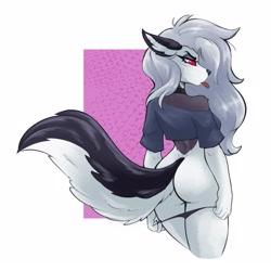 Size: 2100x2100 | Tagged: suggestive, artist:ambris, loona (vivzmind), canine, fictional species, hellhound, mammal, anthro, hazbin hotel, helluva boss, 2022, abstract background, blep, border, breasts, butt, clothes, colored sclera, dimples of venus, ears, female, gray hair, hair, long hair, looking back, nudity, panties, panties pulled down, partial nudity, rear view, red sclera, sexy, solo, solo female, tail, thighs, tongue, tongue out, two-toned tail, underwear, undressing, white body, white border