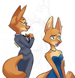 Size: 1227x1280 | Tagged: safe, artist:praquina, diane foxington (the bad guys), canine, fox, mammal, anthro, dreamworks animation, the bad guys, 2022, breasts, cleavage, female, glasses, jewelry, necklace, open mouth, open smile, smiling, solo, solo female, vixen, wide hips