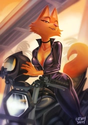 Size: 844x1200 | Tagged: safe, artist:ribsydaisy, diane foxington (the bad guys), canine, fox, mammal, anthro, dreamworks animation, the bad guys, absolute cleavage, bedroom eyes, big breasts, big butt, breasts, butt, cleavage, female, looking at you, motorcycle, seductive, solo, solo female, thick thighs, thighs, vehicle, vixen, wide hips