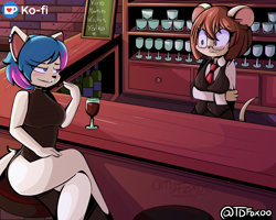 Size: 2500x2000 | Tagged: safe, artist:tdfoxoo, oc, oc only, oc x oc, cat, feline, mammal, mouse, rodent, anthro, alcohol, bar, bartender, black nose, blue hair, blushing, bottle, breasts, brown hair, clothes, commission, container, cream body, cream fur, cute, dress, drink, duo, duo female, female, females only, flirting, fur, glasses, hair, looking at each other, love, piercing, shipping, suit, white body, white fur, wine