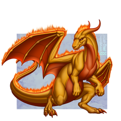 Size: 1600x1600 | Tagged: safe, artist:jewel-thief, oc, oc only, oc:feurdra, dragon, fictional species, reptile, western dragon, feral, 2021, claws, fire, horns, solo, webbed wings, wings