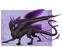 Size: 1981x1533 | Tagged: safe, artist:jewel-thief, oc, oc only, oc:aervele, dragon, fictional species, western dragon, feral, 2021, claws, feathered wings, feathers, horns, solo, spread wings, tail, webbed wings, wings