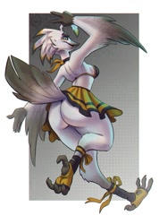 Size: 1423x2000 | Tagged: safe, artist:ronff2, oc, oc only, oc:lyra (waga), bird, potoo, anthro, digitigrade anthro, 2022, beak, big butt, border, bottomwear, bra, breasts, butt, claws, clothes, feathered wings, feathers, female, green eyes, raised tail, rear view, signature, skirt, solo, solo female, tail, tail feathers, talons, underwear, upskirt, white body, white border, white feathers, winged arms, wings