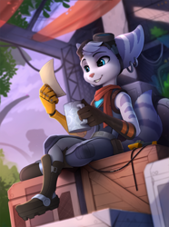 Size: 1620x2175 | Tagged: safe, artist:yakovlev-vad, rivet (r&c), fictional species, lombax, mammal, anthro, ratchet & clank, 2022, clothes, ears, female, goggles, goggles on head, hair, prosthetic arm, prosthetics, scarf, smiling, solo, solo female, tail, white hair