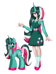Size: 5696x7485 | Tagged: safe, artist:eeveeglaceon, fizzy (mlp), equine, fictional species, human, mammal, pony, unicorn, feral, hasbro, my little pony, my little pony (g1), 2022, absurd resolution, duality, eyelashes, female, horn, horned humanization, humanized, mare, simple background, smiling, solo, solo female, species swap, transparent background