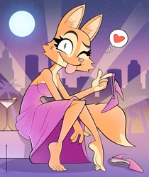 Size: 1801x2146 | Tagged: safe, artist:cosmos_mad, diane foxington (the bad guys), canine, fox, mammal, anthro, dreamworks animation, the bad guys, alcohol, barefoot, big breasts, blep, breasts, champagne, champagne glass, city, claws, cleavage, clothes, cute, cute little fangs, facial piercing, fangs, feet, female, full moon, heart, high heels, looking at you, love heart, moon, night, one eye closed, palm tree, plant, shoes, sitting, smiling, smiling at you, soles, solo, solo female, teeth, toes, tongue, tongue out, tree, vixen, winking