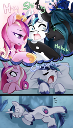 Size: 4000x7000 | Tagged: safe, artist:nekaneba, princess cadence (mlp), princess luna (mlp), queen chrysalis (mlp), shining armor (mlp), alicorn, arthropod, changeling, equine, fictional species, mammal, pony, unicorn, friendship is magic, hasbro, my little pony, 2022, absurd resolution, bed, canterlot wedding 10th anniversary, commission, dream, female, husband, husband and wife, infidelity, male, male/female, moaning, oops, shipping, sleeping, wife