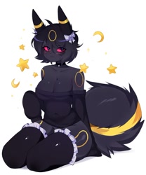 Size: 1218x1465 | Tagged: safe, artist:fredek666, eeveelution, fictional species, mammal, umbreon, anthro, nintendo, pokémon, 2022, anthrofied, big breasts, black body, black hair, black tail, breasts, cleavage, clothes, ear fluff, female, fluff, hair, looking at you, midriff, nudity, partial nudity, simple background, sitting, solo, solo female, tail, tail fluff, thick thighs, thighs, white background