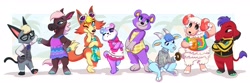 Size: 2543x842 | Tagged: safe, artist:orlandofox, audie (animal crossing), cyd (animal crossing), dom (animal crossing), judy (animal crossing), megan (animal crossing), raymond (animal crossing), reneigh (animal crossing), sherb (animal crossing), bear, bovid, canine, caprine, cat, elephant, equine, feline, goat, horse, mammal, sheep, wolf, anthro, digitigrade anthro, semi-anthro, unguligrade anthro, animal crossing, animal crossing: new horizons, nintendo, 2020, 2d, arm fluff, black eyes, black nose, blonde hair, blue body, blue eyes, blue fur, blue hair, bottomless, brown body, brown fur, cheek fluff, clothes, crossed arms, doughnut, dress, ear fluff, eyelashes, female, fluff, food, freckles, fur, glasses, glasses on head, gray body, gray fur, green eyes, group, hair, head fluff, holding, holding food, holding object, hooves, horns, leg fluff, male, mare, multicolored body, multicolored fur, muumuu, one eye closed, partial nudity, paw pads, paws, pink nose, pink paw pads, pink tongue, proboscis, purple body, purple fur, purple hair, ram, red body, shirt, signature, sitting, smiling, soda can, sparkly eyes, standing, suit, sunglasses, sunglasses on head, sweater, tail, tail fluff, tongue, topwear, trunk, two toned body, two toned fur, wall of tags, white body, white fur, white hair, white tail, wingding eyes, winking, yellow hair