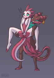 Size: 1023x1475 | Tagged: suggestive, artist:phluks, oc, oc:mirra (philden2000), fictional species, kobold, reptile, anthro, blushing, duo, duo female, female, females only, holding, holding character, tail