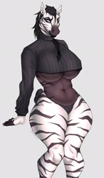 Size: 1192x2048 | Tagged: suggestive, artist:orinvega, equine, mammal, zebra, anthro, breasts, clothes, female, huge breasts, leotard, see-through, solo, solo female, thick thighs, thighs, underboob, wide hips
