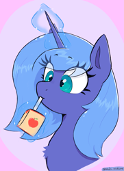 Size: 2045x2832 | Tagged: safe, artist:endo, princess luna (mlp), equine, fictional species, mammal, pony, unicorn, feral, friendship is magic, hasbro, my little pony, 2021, bust, chest fluff, cute, drink, drinking, female, fluff, happy, high res, horn, juice, juice box, magic, portrait, simple background, solo, solo female, telekinesis