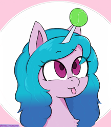 Size: 3500x4039 | Tagged: safe, artist:endo, izzy moonbow (mlp), equine, fictional species, mammal, pony, unicorn, feral, hasbro, my little pony, my little pony g5, spoiler:my little pony g5, 2021, ball, blep, bust, chest fluff, eyelashes, female, fluff, high res, horn, horn guard, horn impalement, hornball, mare, portrait, simple background, solo, solo female, tennis ball, tongue, tongue out