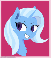 Size: 3500x4039 | Tagged: safe, artist:endo, trixie (mlp), equine, fictional species, mammal, pony, unicorn, feral, friendship is magic, hasbro, my little pony, 2021, blue body, bust, chest fluff, female, fluff, hair, high res, horn, mane, portrait, simple background, smiling, solo, solo female, white hair, white mane