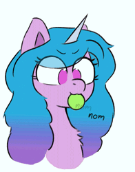Size: 471x600 | Tagged: safe, artist:endo, artist:szafir87, izzy moonbow (mlp), equine, fictional species, mammal, pony, unicorn, feral, hasbro, my little pony, my little pony g5, spoiler:my little pony g5, 2021, animated, ball, blinking, bust, chest fluff, cute, eyelashes, female, fluff, gif, mare, munching, no pupils, nom, portrait, simple background, solo, solo female, tennis ball, white background