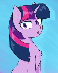Size: 2259x2829 | Tagged: safe, artist:endo, twilight sparkle (mlp), equine, fictional species, mammal, pony, unicorn, feral, friendship is magic, hasbro, my little pony, 2021, chest fluff, eyelashes, fluff, fur, high res, horn, looking at you, multicolored mane, open mouth, purple body, purple fur, simple background, solo