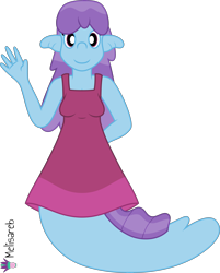 Size: 4000x4977 | Tagged: safe, artist:radomila radon, oc, oc only, oc:hailey hydrogen, animal humanoid, eel, fictional species, fish, mammal, humanoid, series:the periodic lives, klara viskova, .svg available, absurd resolution, breasts, clothes, dress, ear fins, ears, female, fins, looking at you, simple background, solo, solo female, speedpaint available, transparent background, vector, waving