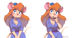 Size: 1388x744 | Tagged: safe, artist:popodunk, edit, gadget hackwrench (chip 'n dale: rescue rangers), mammal, mouse, rodent, anthro, chip 'n dale: rescue rangers, disney, 2022, breasts, clothes, digital art, ears, eyelashes, female, fur, goggles, goggles on head, hair, looking at you, open mouth, picture-in-picture, pink nose, simple background, solo, solo female, tail, thighs, white background, wide hips