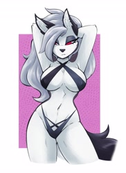 Size: 2979x4096 | Tagged: suggestive, artist:ambris, loona (vivzmind), canine, fictional species, hellhound, mammal, anthro, hazbin hotel, helluva boss, 2022, absolute cleavage, arms behind head, belly button, big breasts, bikini, border, breasts, cleavage, clothes, colored sclera, ears, female, gray hair, hair, long hair, nipple outline, red sclera, solo, solo female, swimsuit, tail, thick thighs, thighs, white body, white border, white hair