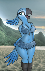 Size: 1776x2800 | Tagged: suggestive, alternate version, artist:drako1997, jewel (rio), bird, macaw, parrot, spix's macaw, anthro, blue sky studios, rio, 2015, beak, bedroom eyes, belly button, bikini, blue body, blue feathers, bottomwear, breasts, chest fluff, clothes, digital art, feathers, female, fluff, hair, nipple outline, open mouth, skirt, solo, solo female, swimsuit, tail, thighs, tongue, wide hips