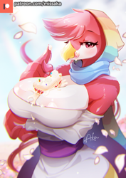 Size: 1000x1415 | Tagged: suggestive, artist:missaka_, bird, anthro, starbound, 2022, arm under breasts, avian (starbound), beak, bedroom eyes, big breasts, black eyebrows, black pupils, blurred background, breast rest, breasts, cake, cleavage, clothes, cloud, day, dessert, detailed background, digital art, dress, eyebrows, eyelashes, feather hands, feathers, female, field, fingers, flower, fluff, food, food on breasts, gesture, hair, hood, iris, licking, licking lips, licking self, light, lighting, long hair, looking at you, monotone hair, multicolored body, multicolored cloak, multicolored clothing, multicolored feathers, narrowed eyes, outdoors, patreon, petals, pink flower, pink tongue, plant, pupils, rainbow cloak, raised finger, raised index finger, red body, red eyes, red feathers, red hair, seductive, shaded, signature, sky, solo, solo female, standing, starbound oc:reesha (rovelife), text, tongue, tongue out, two tone feathers, two toned body, url, video game, yellow beak