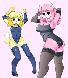 Size: 1200x1366 | Tagged: suggestive, artist:shepherd0821, isabelle (animal crossing), reese (animal crossing), alpaca, canine, dog, mammal, shih tzu, anthro, animal crossing, nintendo, arm behind head, armpits, armwear, bedroom eyes, big breasts, blushing, boobs and butt pose, breasts, butt, cleavage, clothes, commission, duo, duo female, female, females only, fingerless gloves, floppy ears, gloves, legwear, leotard, long gloves, looking at you, looking back, looking back at you, nipple outline, open mouth, raised arms, rear view, smiling, stockings, thigh highs, tight clothing, underass