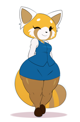 Size: 1096x1666 | Tagged: safe, artist:ss2sonic, retsuko (aggretsuko), mammal, red panda, anthro, aggretsuko, sanrio, 2017, female, one eye closed, solo, solo female, thick thighs, thighs, wide hips, winking