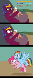 Size: 2360x5477 | Tagged: safe, artist:rupertbluefox, pinkie pie (mlp), rainbow dash (mlp), somnambula (mlp), sphinx (mlp), earth pony, equine, feline, fictional species, mammal, pegasus, pony, sphinx, series:miles&nilesofcat&fat, friendship is magic, hasbro, my little pony, 3 panel comic, belly, belly bed, big belly, blushing, butt, comic, desert, egyptian, eyeshadow, fat, fat fetish, female, females only, fetish, flying, grin, holding, hug, huge belly, hyper, hyper belly, lidded eyes, lying down, makeup, mare, missing accessory, obese, prone, puffy cheeks, pyramid, shocked, shocked expression, smiling, teeth, weight gain