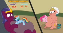 Size: 5500x2900 | Tagged: safe, artist:rupertbluefox, pinkie pie (mlp), rainbow dash (mlp), somnambula (mlp), sphinx (mlp), earth pony, equine, feline, fictional species, mammal, pegasus, pony, sphinx, series:miles&nilesofcat&fat, friendship is magic, hasbro, my little pony, 2 panel comic, belly, belly bed, big belly, blushing, butt, chubby cheeks, comic, cross-popping veins, desert, egyptian, eyeshadow, fat, fat fetish, female, females only, fetish, high res, holding, hug, huge belly, hyper, hyper belly, incentive drive, lidded eyes, lying down, makeup, mare, missing accessory, obese, prone, puffy cheeks, pyramid, shocked, shocked expression, shrunken pupils, sinking, smiling, teeth, unamused, weight gain