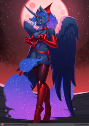 Size: 848x1200 | Tagged: suggestive, artist:chrysalisdraws, princess luna (mlp), alicorn, equine, fictional species, mammal, pony, anthro, unguligrade anthro, friendship is magic, hasbro, idw, idw my little pony, my little pony, 2021, bottomless, breasts, clothes, costume, female, garter belt, halloween, halloween costume, holiday, hooves, legwear, looking at you, mare, moon, muffin top, nudity, open mouth, panties, partial nudity, solo, solo female, stockings, strategically covered, underwear