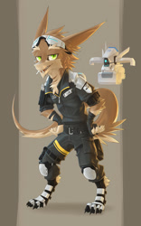 Size: 1119x1796 | Tagged: safe, artist:kluclew, oc, oc only, dragon, fictional species, furred dragon, robot, anthro, digitigrade anthro, 2018, abstract background, armor plates, belt, bipedal, black belt, black clothing, brown body, brown fur, cigarette, clothes, countershading, duo, engineer, eyebrows, floating, full body, fur, goggles, green eyes, hand on hip, kemono, male, multicolored fur, narrowed eyes, pattern clothing, pattern legwear, shaded, sharp teeth, smiling, solo, solo male, standing, tan body, tan countershading, tan eyebrows, tan fur, teeth, three-quarter view, toolbelt, tools, two toned body, two toned fur
