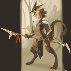 Size: 1500x1500 | Tagged: safe, artist:kluclew, oc, oc only, oc:kaku (kluclew), fictional species, mammal, sergal, anthro, 2018, amber eyes, background character, barefoot, black sclera, black tongue, bone, bow, cheek fluff, chest fluff, colored sclera, colored tongue, detailed background, feathers, fluff, fur, gray body, gray fur, grey nipples, group, jewelry, kaku (kluclew), kemono, lighting, male, nature background, necklace, open mouth, outdoors, plant, red feathers, red marking, shaded, sharp teeth, skull, solo focus, spear, teeth, tongue, tree, tribal, warrior, weapon, white body, white fur, yellow eyes, yellow marking