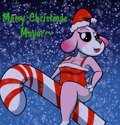 Size: 2324x2436 | Tagged: safe, artist:marcodile, cookie (animal crossing), canine, dog, mammal, anthro, animal crossing, nintendo, bedroom eyes, breasts, candy cane, christmas, cleavage, clothes, dress, female, hand on hip, hat, headwear, holiday, looking at you, merry christmas, open mouth, open smile, santa dress, santa hat, smiling, snow, snowfall, solo, solo female, tail