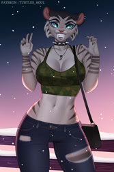 Size: 800x1200 | Tagged: safe, artist:turtlessoul, shira (ice age), big cat, feline, mammal, saber-toothed cat, tiger, anthro, blue sky studios, ice age (series), 2022, belly button, bottomwear, breasts, clothes, digital art, ears, eyelashes, fangs, female, fur, handbag, looking at you, pants, pink nose, pose, sharp teeth, shirt, snow, snowfall, solo, solo female, tail, teeth, thighs, topwear, wide hips