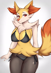 Size: 1447x2047 | Tagged: suggestive, artist:kironzen, braixen, fictional species, anthro, nintendo, pokémon, 2022, belly button, bikini, breasts, clothes, digital art, ear fluff, ears, eyelashes, female, fluff, fur, hip fluff, neck fluff, nipple outline, pose, red nose, simple background, solo, solo female, starter pokémon, swimsuit, tail, thighs, wide hips