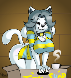 Size: 2375x2599 | Tagged: suggestive, alternate version, artist:drako1997, cat, feline, fictional species, mammal, temmie (undertale), anthro, undertale, 2016, bedroom eyes, bent over, black nose, bottomless, box, breasts, butt, clothes, coffee, coffee cup, container, digital art, drink, ears, eyelashes, female, fur, hanging breasts, looking at you, nudity, partial nudity, pose, rule 63, shirt, solo, solo female, tail, thighs, topwear, wide hips