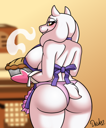 Size: 2320x2800 | Tagged: suggestive, artist:drako1997, toriel (undertale), bovid, goat, mammal, anthro, undertale, 2016, apron, bedroom eyes, breasts, butt, clothes, digital art, eyelashes, female, food, fur, gloves, kitchen, looking at you, looking back, looking back at you, mature, mature female, naked apron, nipple outline, nipple slip, nudity, panties, partial nudity, pie, rear view, sideboob, solo, solo female, tail, thighs, topless, underwear, wardrobe malfunction, wide hips