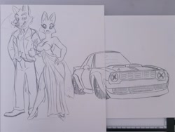 Size: 2048x1536 | Tagged: safe, artist:sketchywolf_13, diane foxington (the bad guys), mr. wolf (the bad guys), canine, fox, mammal, wolf, anthro, dreamworks animation, the bad guys, bedroom eyes, big breasts, breasts, car, cleavage, duo, female, looking at you, male, open mouth, open smile, smiling, smiling at you, thick thighs, thighs, vehicle, vixen, wide hips