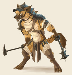 Size: 1413x1480 | Tagged: safe, artist:kluclew, fictional species, gnoll, hyena, mammal, anthro, digitigrade anthro, dungeons & dragons, 2018, amber eyes, angry, armor, armored, bipedal, brown body, brown clothing, brown ears, brown face, brown fur, brown nose, brown stripes, chest fluff, clothes, countershading, fangs, fluff, footwear, frowning, full body, fur, hammer, headwear, helmet, legwear, mace, male, medieval, melee weapon, multicolored fur, nudity, orange eyes, partial nudity, sharp teeth, simple background, solo, solo male, standing, striped fur, tan background, tan belly, tan body, tan fur, teeth, three-quarter view, warrior