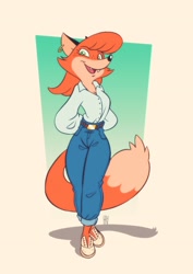 Size: 2480x3508 | Tagged: safe, artist:fox-popvli, oc, oc:patty (fox-popvli), canine, fox, mammal, red fox, anthro, breasts, cute, cute little fangs, ear piercing, earring, fangs, female, green eyes, looking at you, open mouth, open smile, piercing, smiling, smiling at you, solo, solo female, teeth, thick thighs, thighs, vixen, wide hips
