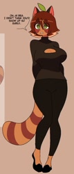 Size: 651x1517 | Tagged: safe, artist:dvampiresmile, mammal, red panda, anthro, big breasts, boob window, breasts, clothes, female, green eyes, looking away, solo, solo female, thick thighs, thighs, wide hips