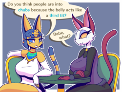 Size: 1203x910 | Tagged: safe, artist:r-mk, ankha (animal crossing), olivia (animal crossing), cat, feline, mammal, anthro, animal crossing, nintendo, 2021, bedroom eyes, black nose, breasts, chair, chatting, clothes, dialogue, digital art, duo, duo female, ears, evening gloves, eyelashes, female, females only, fur, gloves, long gloves, sitting, speech bubble, table, tail, talking, text, thighs, wide hips