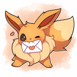 Size: 3000x3000 | Tagged: safe, artist:seviyummy, eevee, eeveelution, fictional species, mammal, feral, nintendo, pokémon, 2021, ambiguous gender, blushing, border, brown body, brown fur, cute, digital art, ears, envelope, fluff, fur, heart, high res, letter, looking at you, one eye closed, paws, solo, solo ambiguous, tail, white border, winking