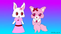 Size: 1280x721 | Tagged: safe, artist:rolaxbende-official, garnet (jewelpet), ruby (jewelpet), cat, feline, lagomorph, mammal, rabbit, semi-anthro, jewelpet (sanrio), sanrio, bow, clothes, dress, duo, duo female, ears, female, females only, tail