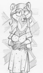 Size: 758x1280 | Tagged: safe, artist:chuchito72, bear, mammal, anthro, bracelet, breasts, cleavage, clothes, dress, female, fluff, grayscale, hair, hands together, jewelry, lidded eyes, lipstick, looking at you, makeup, monochrome, neck fluff, necklace, purse, smiling, solo, solo female, traditional art
