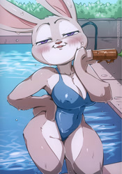 Size: 731x1042 | Tagged: suggestive, artist:mcfli, judy hopps (zootopia), lagomorph, mammal, rabbit, anthro, disney, zootopia, 2021, bedroom eyes, blushing, breasts, buckteeth, cameltoe, clothes, digital art, ears, eyelashes, female, fur, hand on hip, nipple outline, one-piece swimsuit, pink nose, pose, skinny dipping, solo, solo female, swimming pool, swimsuit, tail, teeth, thighs, wide hips