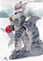 Size: 2468x3478 | Tagged: safe, artist:murazaki9, fish, shark, anthro, digitigrade anthro, arm under breasts, biceps, big breasts, big tail, bottomwear, boxing gloves, bra, braid, breasts, clothes, female, gloves, hair, hamstrings, huge breasts, leg warmers, legwear, muscles, muscular female, quadriceps, see-through, sexy, short shorts, shorts, solo, solo female, stripes, tail, tail fin, thick thighs, thighs, toeless legwear, underwear, wide hips