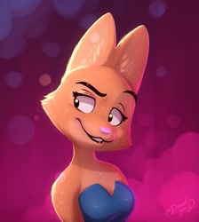Size: 1837x2046 | Tagged: safe, artist:deadyoung7, diane foxington (the bad guys), canine, fox, mammal, anthro, dreamworks animation, the bad guys, big breasts, breasts, cleavage, female, looking away, smiling, solo, solo female, vixen